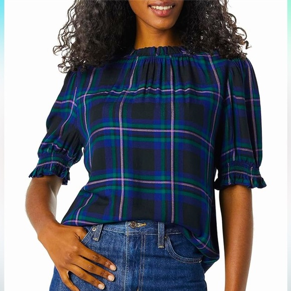 Amazon Essentials Women's Fluid Twill Short Puff Sleeve Smock Detail Shirt, sz L - Picture 2 of 3